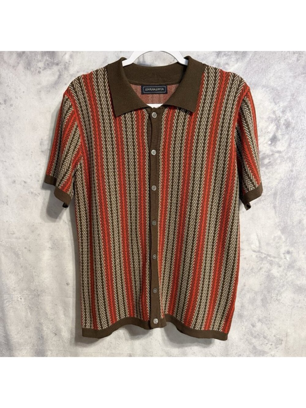Sinransinya Collared Button Up Shirt Striped Red Retro Knit Mens Large L